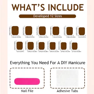 Short square nude French press-on nails set with size chart and application accessories