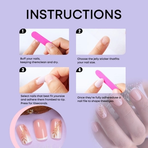 Detail showing press-on nail application steps and elegant pink gold leaf design