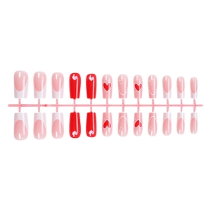 24pcs French heart press on nails set in pink and red glossy finish for Valentine's Day