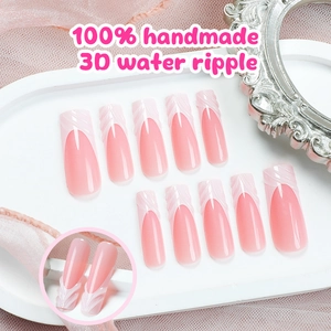 Faux ongles faits main 3D rose nude avec relief de vagues d'eau de style français