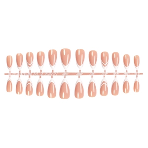 French tip almond press-on nails with nude base and white line patterns, 24 pieces set