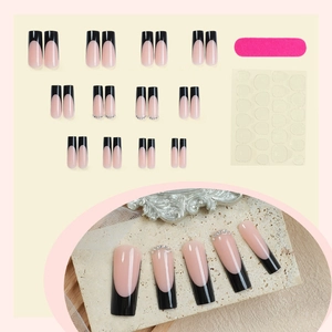 French black long ballerina press-on nails set with rhinestones and full tool kit