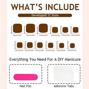 Size chart for 12 sizes of short square floral press-on toenails with file and glue