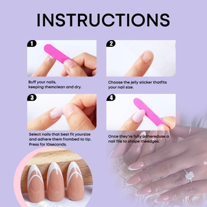 French tip almond press-on nail kit with step-by-step application instructions