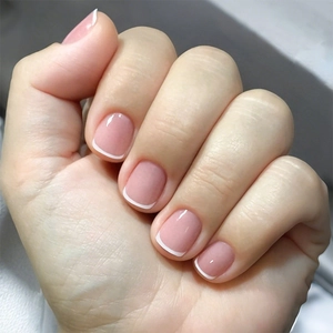 French Tip Press On Nails Nude Pink Short Square Round Glossy Fake Nails With Nail File And Adhesive Tabs