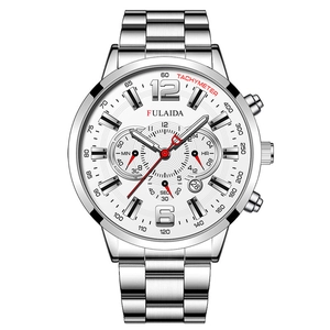 Detail of a men's silver chronograph watch featuring a white dial and three sub-dials