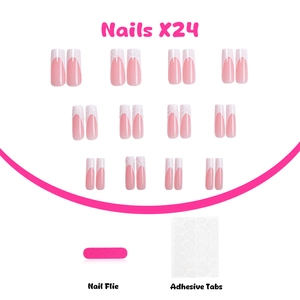 Détail des faux ongles French rose et blanc avec lime et onglets adhésifs inclus