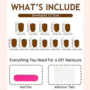 Short brown trapezoid press-on nails set with size chart and tool kit including glue