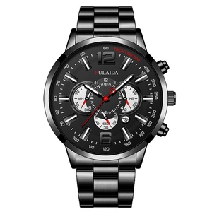 Detail of dark grey steel men's chronograph watch with black dial and sub-dials