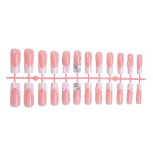Pink and white French press-on nails with 3D bows, flowers and rhinestones, 24 pieces set