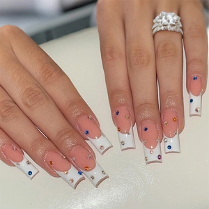 Press On Nails Long Coffin French Pink White With Rhinestones Fashion Fake Nails For Women