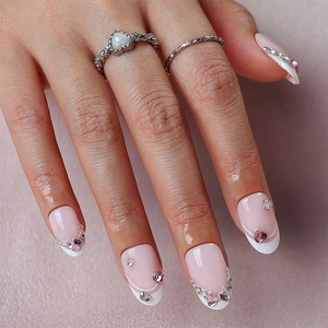 French Style Nude Pink Press On Nails With Heart Rhinestone White Tips Detachable Fake Nails For Women Manicure Decoration