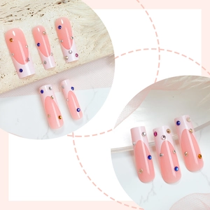French long coffin press-on nails with colorful rhinestones and pink white splice design