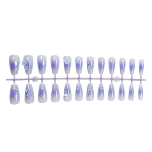 Purple gradient press-on nails with 3D butterflies, flowers, and pearls 24pcs set