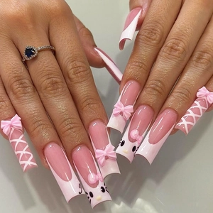 Press On Nails Long Coffin Pink White French Style Handmade 3D Resin Bow Cute Cartoon Cat Pattern Full Cover Glossy