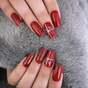 Red Glitter Christmas Press On Nails With White Bow Rhinestone Long Coffin Artificial False Nails For Women Festive