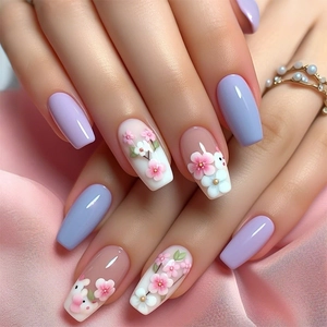 Faux Ongles À Presser Lavande Violet Fleur De Cerisier Forme Cercueil Avec Strass Style Français Doux Pour Femmes