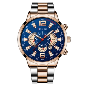 Detail of blue sunray dial chronograph watch with rose gold indices and date window