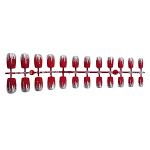 Long red glitter press-on nails with silver drip pattern set of 24 pieces
