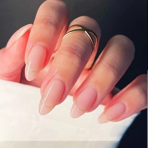 French Tip Press On Nails Almond Nude Pink Glossy False Nails With Gold Glitter Lines And Adhesive Tabs Women Manicure