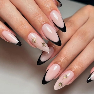 Faux Ongles Press On French Tip Noir Forme Amande Avec Décor Étoile Dorée Strass Style Français Élégant Pour Femmes