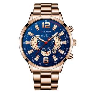 Men's rose gold chronograph watch with navy blue dial and stainless steel strap