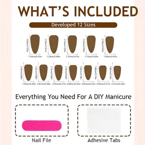 Size chart for 24pcs almond press-on nails in brown showing 12 sizes with file and adhesive