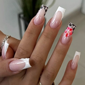 Long Coffin Press On Nails Leopard French White Tip With 3D Red Flower Embossed Artificial Fake Nails For Women