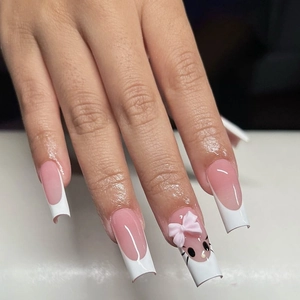 Extra long pink gradient press-on nails with 3D bow and kitten character design