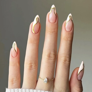 Almond French Press On Nails White Gold Slanted Edge Nude Pink Gradient Fake Nails With Jelly Glue For Women Daily Party