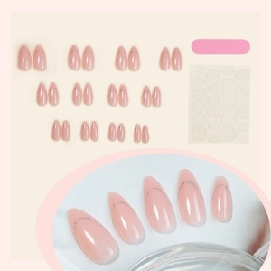 Set of 24 almond press-on nails in nude pink with elegant silver glitter line accents