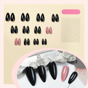 Black and dusty rose almond fake nails set with adhesive tabs and pink nail file tool