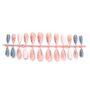 24pcs almond press-on nails with pink and blue leaf hand-painted minimalist designs