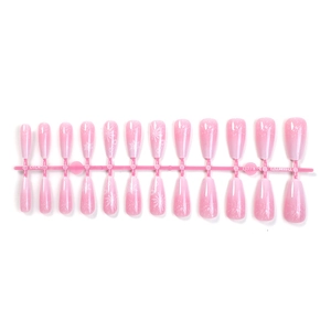 Gradient pink long coffin false nails with delicate white snowflakes and silver glitter