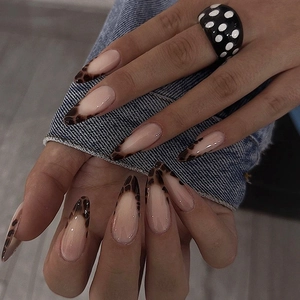 French Leopard Print Press On Nails Long Almond Shape Nude Pink Faux Nails With Jelly Glue And Nail File