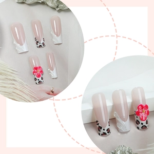 French leopard print press-on nails with 3D white texture and red resin flowers