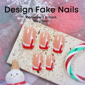 Faux ongles courts carrés avec motifs de bonnet de Noël et pointes French rouges, 24pcs