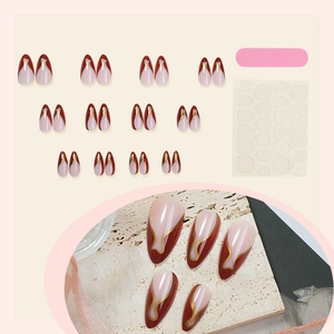 Almond French press-on nails with wine red tips and gold wave lines 24pcs kit