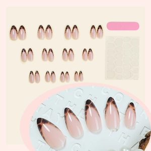 24pcs French almond press-on nails set with pink base and leopard pattern tips