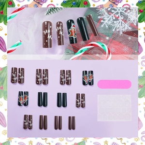 Christmas brown gingerbread man press-on nails set with glitter and festive nail tools