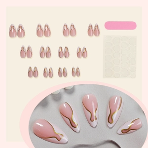 French almond press-on nails set with pink and white gold trim designs, includes 24 pieces