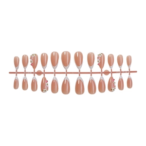 Almond press-on nails set with nude base, white French tips and 3D floral accents