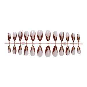 Brown French press-on nails with gold wavy lines in a long almond pointed shape