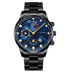Detail of men's quartz watch featuring a blue sunray dial and black stainless steel band