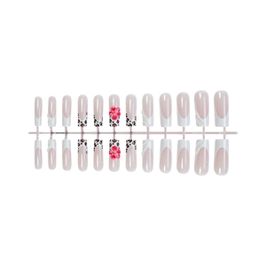 Long coffin press-on nails with white French tips, leopard print, and 3D pink floral designs