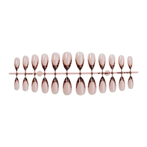 Nude almond press-on nails with amber leopard print tips, 24 pieces set on rack