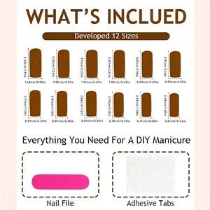 Size chart for French leopard print press-on nails including file and adhesive tabs