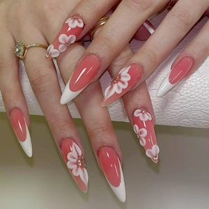 Faux Ongles Long Stiletto Press On Français Rose Blanc Floral 3D Fleur Strass Élégants Pour Femmes