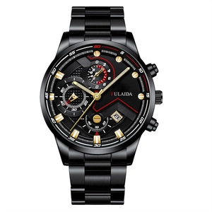 Detail of men's black stainless steel watch with multi-function dials and calendar window
