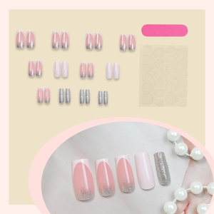 Pink French press-on nails with silver glitter, medium square shape, 24-piece nail kit